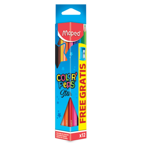 Карандаши цветные MAPED "Color'Peps Star", 12 цветов, трехгранные, с точилкой, европодвес