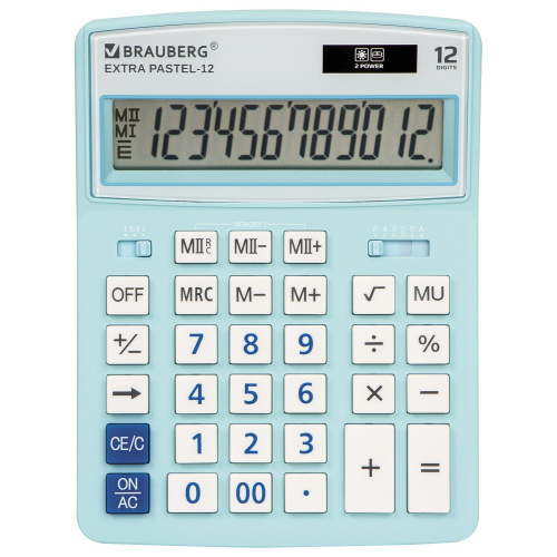 Калькулятор настольный BRAUBERG, 206x155 мм, 12 разрядов, двойное питание, голубой