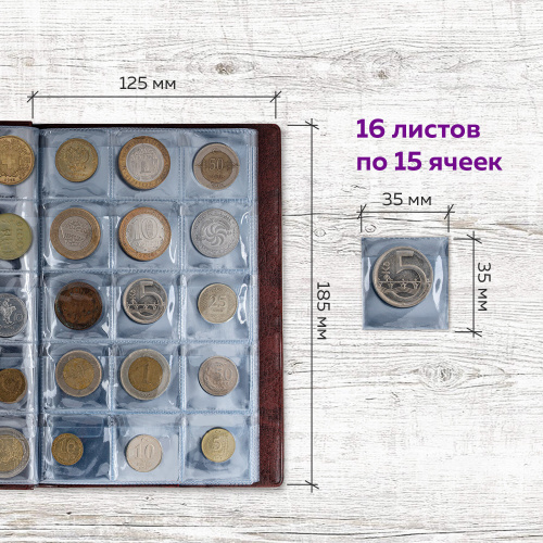 Альбом нумизмата STAFF, для 240 монет, 125х185 мм, ПВХ, коричневый фото 10