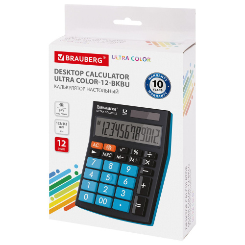 Калькулятор настольный BRAUBERG, 192x143 мм, 12 разрядов, двойное питание, черно-голубой фото 4