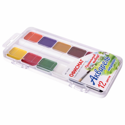 Краски акварельные школьные ОФИСМАГ, 12 цветов, медовые, без кисти, пластиковая коробка фото 3