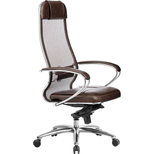 Кресло офисное МЕТТА "SAMURAI" SL-1.04, сверхпрочная ткань-сетка/кожа, темно-коричневое фото 4