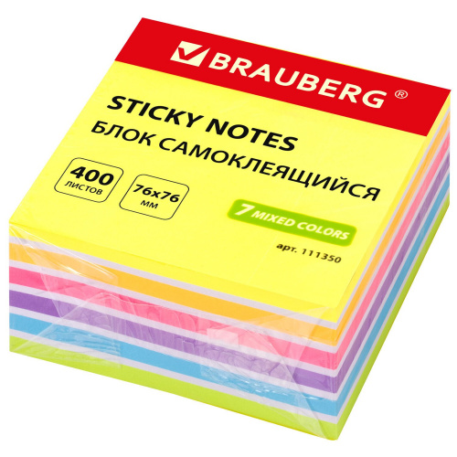 Блок самоклеящийся (стикеры) BRAUBERG, 76х76 мм, 400 л., 7 цв., неоновый