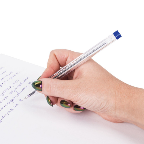 Ручка шариковая BRAUBERG, трехгранная, корпус прозрачный, узел 0,7 мм, линия письма 0,5 мм, синяя фото 3