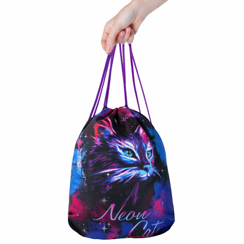 Мешок для обуви BRAUBERG PREMIUM, карман, подкладка, светоотражайка, 43х33 см, "Neon cat" фото 8