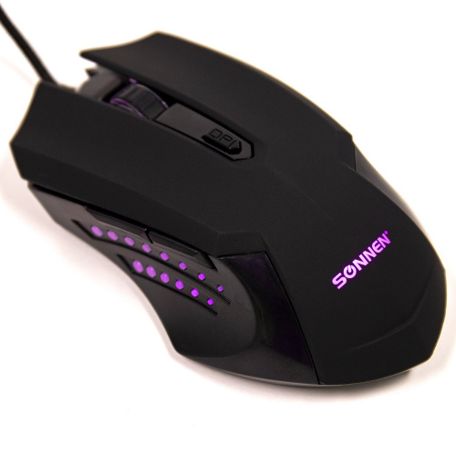 Мышь проводная игровая SONNEN I3, пластик, 6 кнопок, 800-2400 dpi, LED-подсветка, черная фото 6