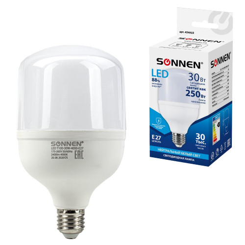 Лампа светодиодная SONNEN, 30 (250) Вт, цоколь Е27, цилиндр, нейтральный белый, 30000 ч