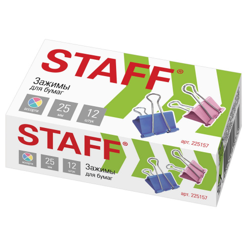 Зажимы для бумаг STAFF "Profit", 12 шт., 25 мм, на 100 листов, цветные, картонная коробка