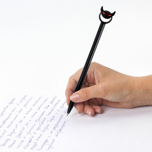 Ручка с топпером шариковая ЮНЛАНДИЯ "Чертёнок", корпус ассорти, синяя, пишущий узел фото 3