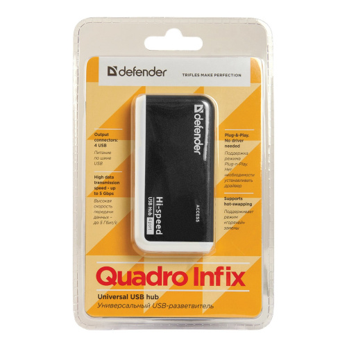 Хаб DEFENDER QUADRO INFIX, USB 2.0, 4 порта, порт для питания фото 3