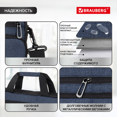 Сумка-портфель BRAUBERG "Forward", 29х40х9 см, с отделением для ноутбука 15,6", темно-синяя фото 2