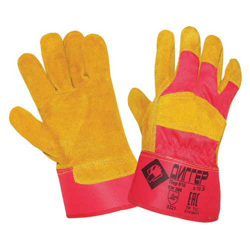 Перчатки спилковые комбинированные ДИГГЕР, размер 10,5 (XL), желтые/красные