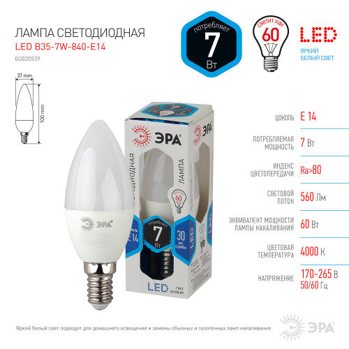 Лампа светодиодная ЭРА, 7 (60) Вт, цоколь E14, "свеча", холодный белый свет, 30000 ч. фото 3