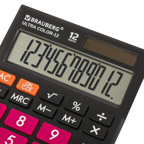 Калькулятор настольный BRAUBERG, 192x143 мм, 12 разрядов, двойное питание, черно-малиновый фото 9
