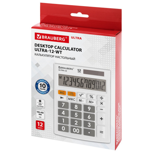 Калькулятор настольный BRAUBERG, 192x143 мм, 12 разрядов, двойное питание, белый фото 3