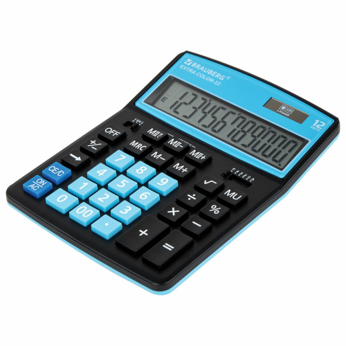 Калькулятор настольный BRAUBERG, 206x155 мм, 12 разрядов, двойное питание, черно-голубой фото 5
