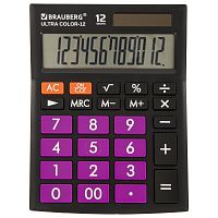 Калькулятор настольный BRAUBERG, 192x143 мм, 12 разрядов, двойное питание, черно-фиолетовый