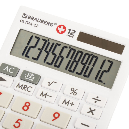Калькулятор настольный BRAUBERG, 192x143 мм, 12 разрядов, двойное питание, антиб.покр., белый фото 9