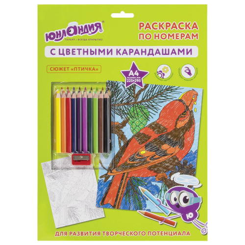 Раскраска по номерам ЮНЛАНДИЯ "ПТИЧКА", А4, с цветными карандашами, на картоне
