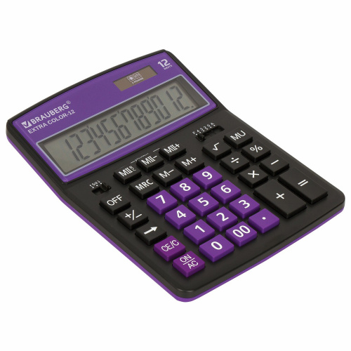 Калькулятор настольный BRAUBERG, 206x155 мм,12 разрядов, двойное питание, черно-фиолетовый фото 6