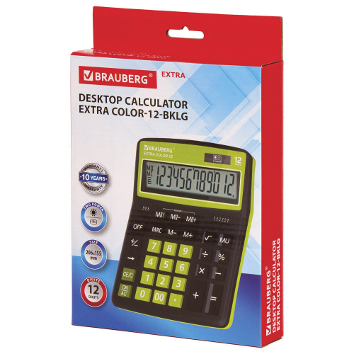 Калькулятор настольный BRAUBERG, 206x155 мм, 12 разрядов, двойное питание, черно-салатовый фото 5