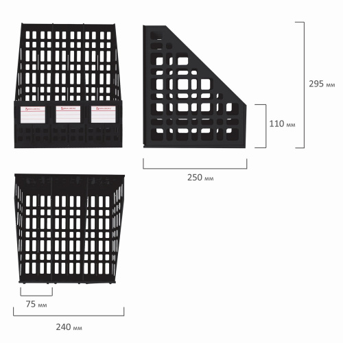 Лоток вертикальный для бумаг BRAUBERG "MAXI Plus", 240 мм, 3 отделения, сетчатый, сборный, черный фото 9