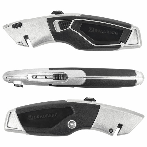 Нож универсальный мощный BRAUBERG "Professional", 4 лезвия в комплекте, автофиксатор, металл фото 5