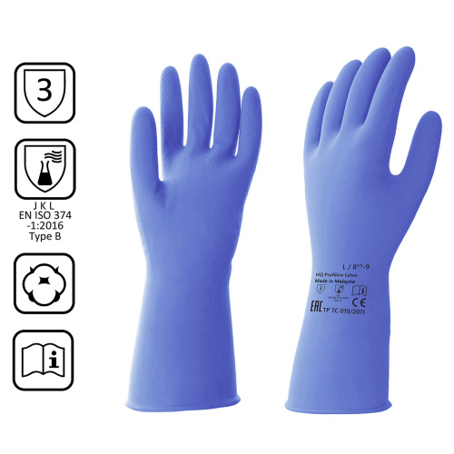 Перчатки латексные КЩС, прочные, хлопковое напыление, размер 8,5-9 L, большой, синие, HQ Profiline, 74735