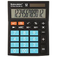 Калькулятор настольный BRAUBERG, 192x143 мм, 12 разрядов, двойное питание, черно-голубой