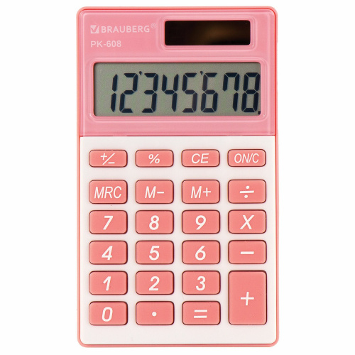 Калькулятор карманный BRAUBERG, 107x64 мм, 8 разрядов, двойное питание, розовый фото 7