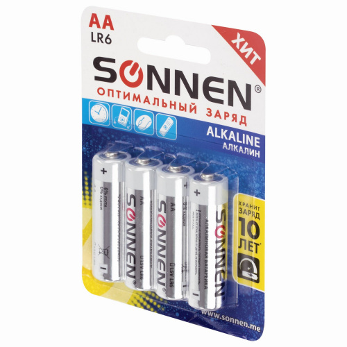 Батарейки SONNEN Alkaline, АА, 4 шт., алкалиновые, пальчиковые, блистер фото 3