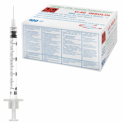 Шприц инсулиновый SFM, 1 мл, 10 шт., в пакете, U-40 игла несъемная 0,3х8 мм фото 2