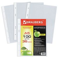Папки-файлы перфорированные BRAUBERG, А5, 100 шт., 35 мкм, вертикальные