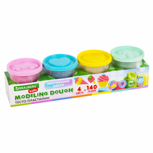 Пластилин-тесто для лепки BRAUBERG KIDS, 4 цвета, 560 г, пастельные цвета, крышки-штампики фото 2