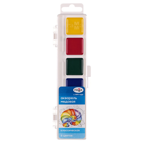 Краски акварельные ГАММА "Классическая", 6 цветов, медовая, без кисти, пластиковая коробка