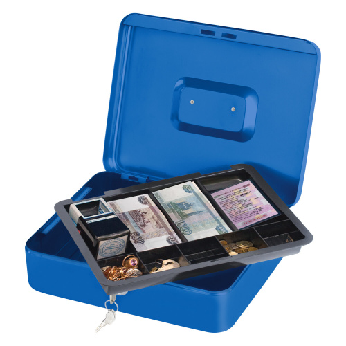 Ящик для денег, ценностей, документов, печатей BRAUBERG, 90х240х300 мм, ключевой замок, синий фото 8