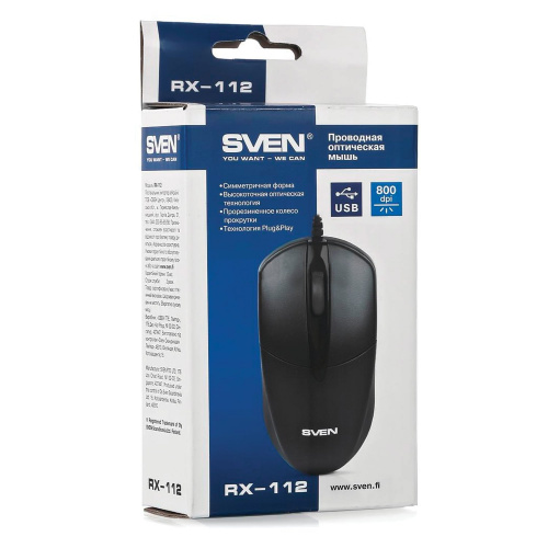 Мышь проводная SVEN RX-112, USB, 2 кнопки, 1 колесо-кнопка, оптическая, черная фото 4