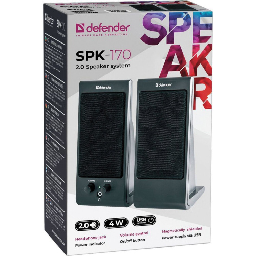 Колонки компьютерные DEFENDER SPK-165/170, 2.0, 2х2 W, пластик, черные, разъем для наушников фото 2