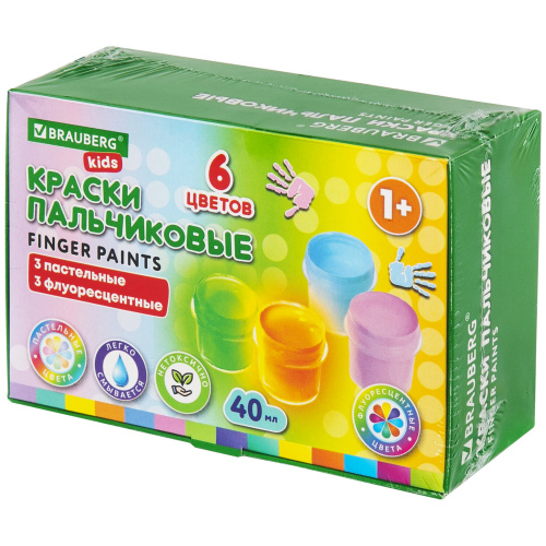 Краски пальчиковые для малышей от 1 года, 6 цветов (3 пастельных + 3 флуоресцентных) по 40 мл, BRAUBERG KIDS, 192400 фото 2