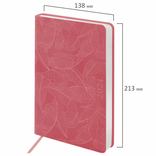 Ежедневник датированный 2024 А5 138x213 мм, BRAUBERG "Foliage", под кожу, розовый фото 2