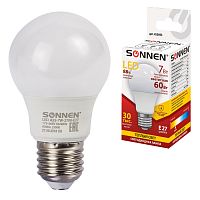 Лампа светодиодная SONNEN, 7 (60) Вт, цоколь E27, грушевидная, теплый белый свет, 30000 ч