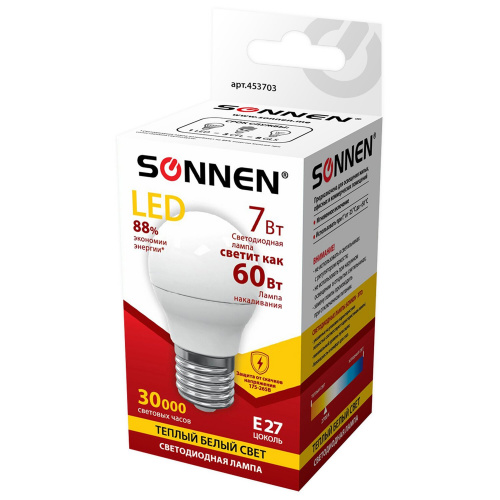 Лампа светодиодная SONNEN, 7 (60) Вт, цоколь E27, шар, теплый белый свет, 30000 ч фото 2