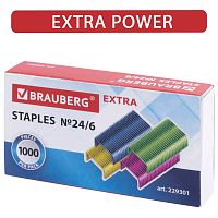 Скобы для степлера цветные BRAUBERG "EXTRA", №24/6, 1000 штук, до 30 листов