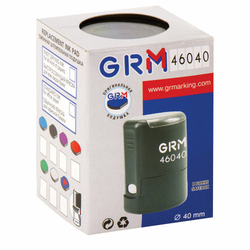 Оснастка для печатей GRM, оттиск D=40 мм, синий, корпус черный, крышка, подушка фото 3