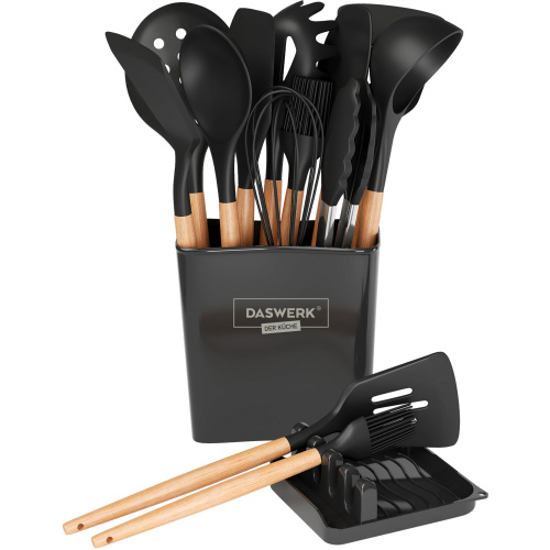 Набор силиконовых кухонных принадлежностей с деревянными ручками 13 в 1, черный, DASWERK, 608197 фото 10