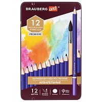 Карандаши художественные цветные акварельные BRAUBERG ART PREMIERE, 12 цветов, грифель 4 мм, металл