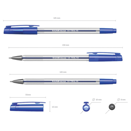 Ручка шариковая масляная ERICH KRAUSE "Ultra-10", корпус прозрачный, линия письма 0,26 мм, синяя фото 3