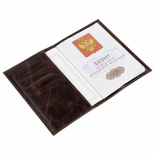 Обложка для паспорта натуральная кожа пулап BRAUBERG, 3D герб + тиснение "ПАСПОРТ", темно-коричневая фото 8