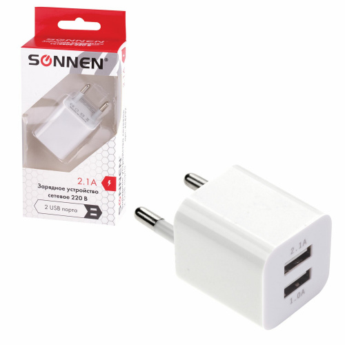 Зарядное устройство сетевое SONNEN, 220 В, 2 порта USB, выходной ток 2,1 А, белое фото 4
