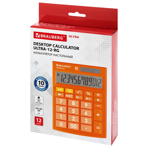 Калькулятор настольный BRAUBERG, 192x143 мм, 12 разрядов, двойное питание, оранжевый фото 10